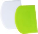 Two plastic dough scrapers, one white and one lime green, with curved food-grade PE design. Compact 4.65 x 3.66 inch size for scraping dough, pastry, and cutting soft foods. Easy-clean baking tool.