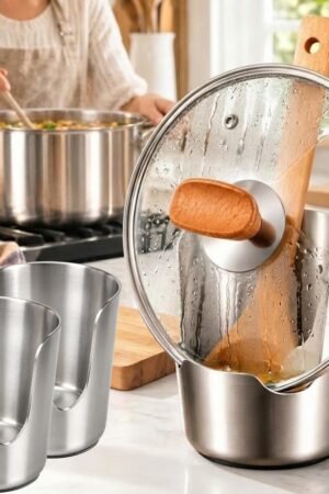 Compact stainless steel utensil holder on a kitchen counter holding wooden spoons and a spatula. A woman is chopping vegetables in the background. Product measures 4.92 inches high by 3.94 inches in diameter. Space-saving design for extra prep room.